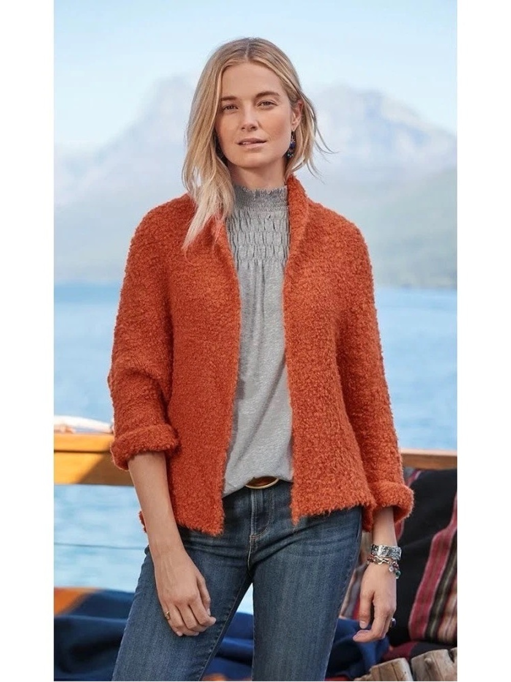 Sundance Wool Blend Cozy Open-Front Bouclé Jacket Rust Orange Size Small